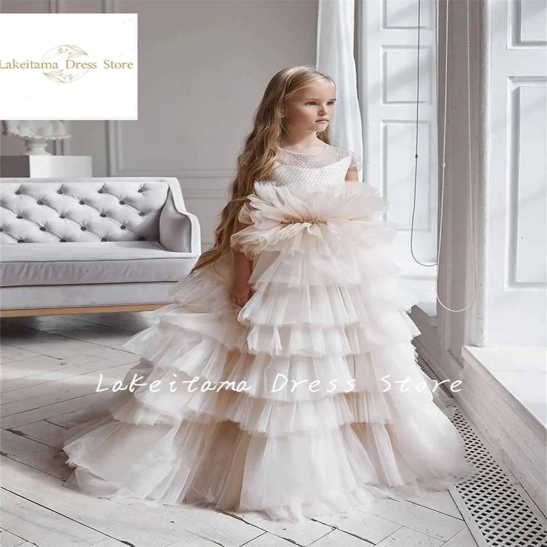 

New Flower Girl Dresses For Wedding Tulle Puffy Floor Length Short Sleeves Kids Prom Gown First Communication Dress