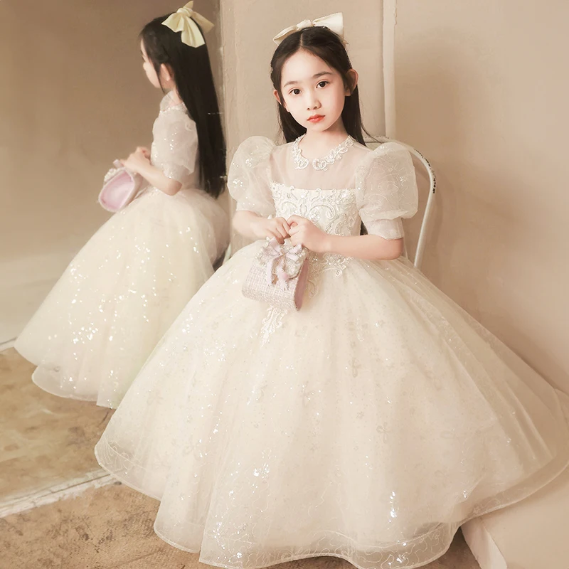 Champagne Beauty Pageant Dresses for Little Girl Kids Weddings Birthday Party Luxury Evening Gowns Children Cute Christmas Dress