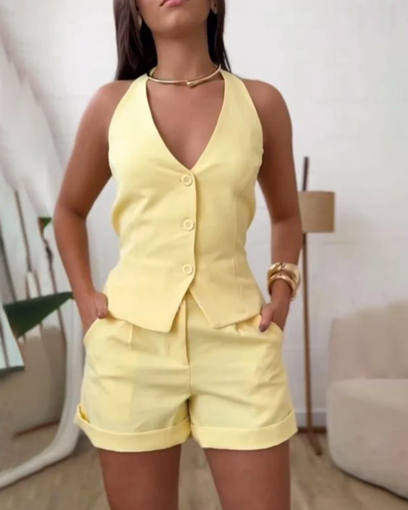 Two Piece Set Women Outfit 2025 Spring New V-Neck Button Front Sleeveless Backless Tank & Casual Pocket High Waist Shorts Set