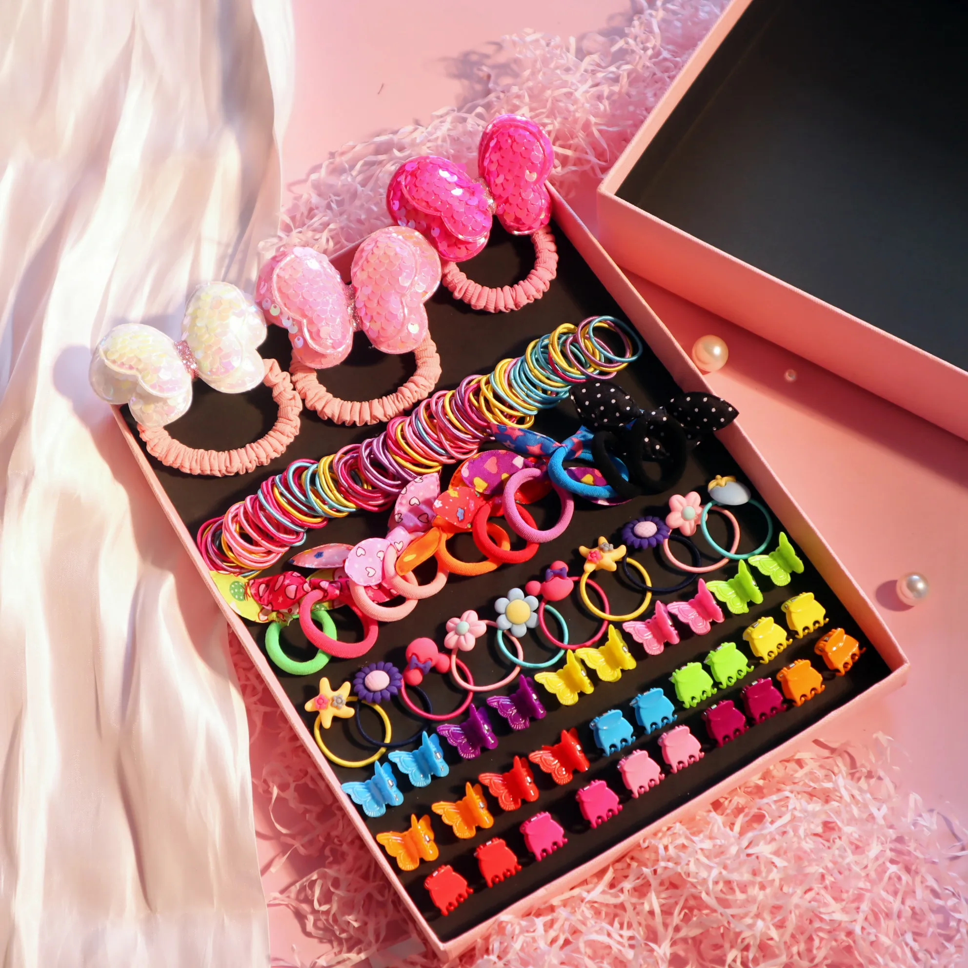 1Set Box Sequins Cute Butterfly Hair Bands For Women Girls Colorful Hair Accessories Set Rubber Band Elastic Hair Ties Hairpins