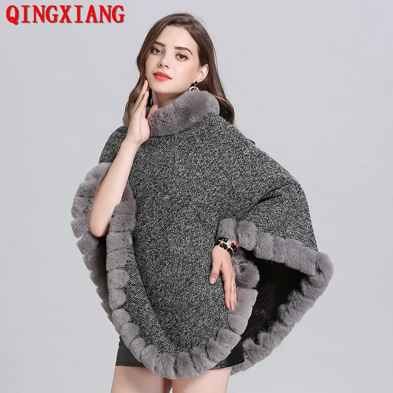 10 Colors Velvet Warm Pullover Cloak Winter Hole Faux Rabbit Fur  Street Wear Women Capes Solid Poncho Knitted O Neck Loose Coat