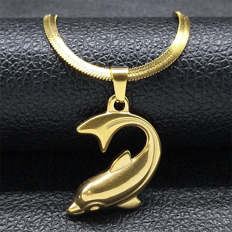 Cute Animal Dolphin Fish Pendant Necklace for Women Men Stainless Steel Gold Color Choker Necklaces Jewelry colar NHH13S02