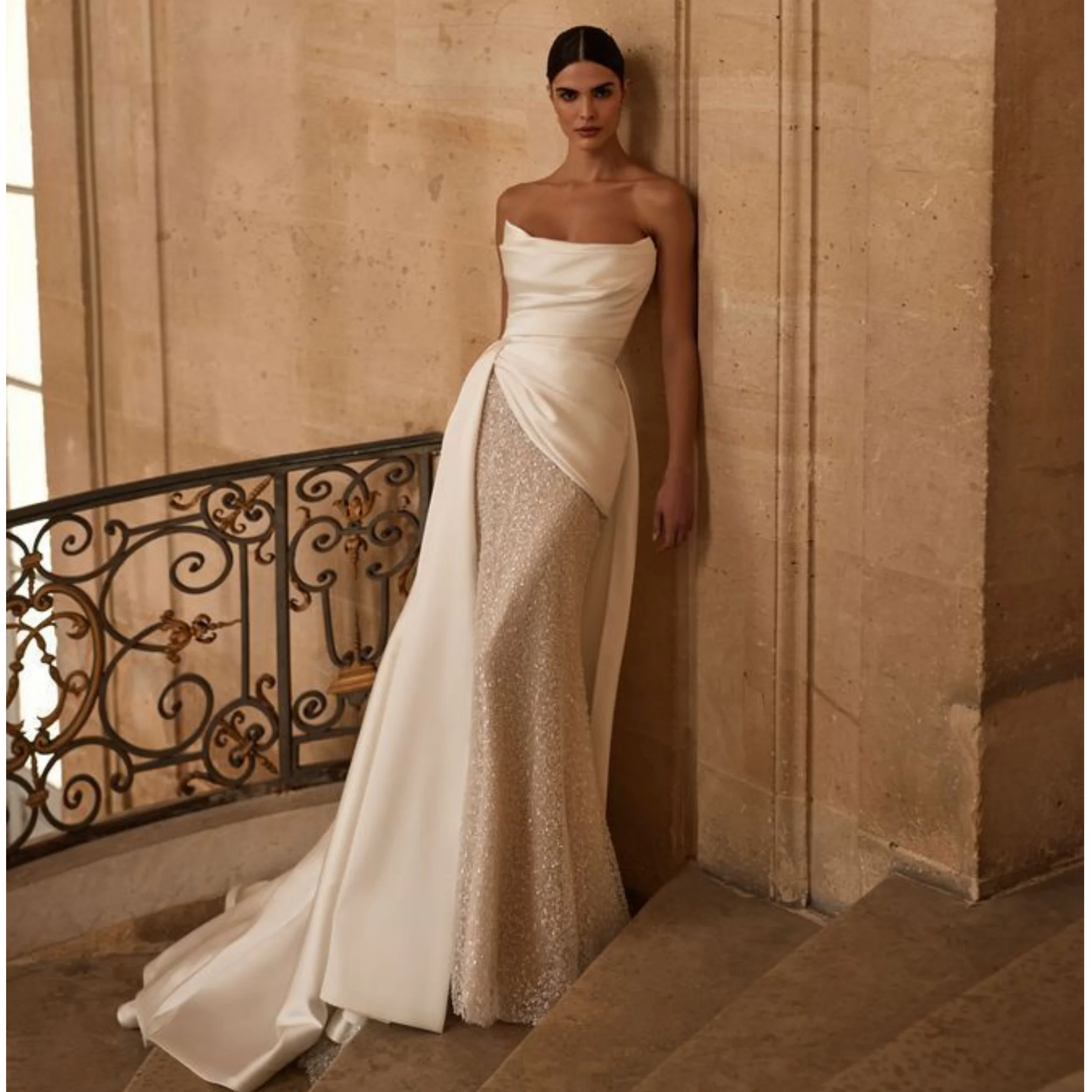 Vestido de Novia elegante sirena personalizado sin tirantes mancha nupcial cultivado brillo rebordear encaje Vestidos de Novia tren desmontable