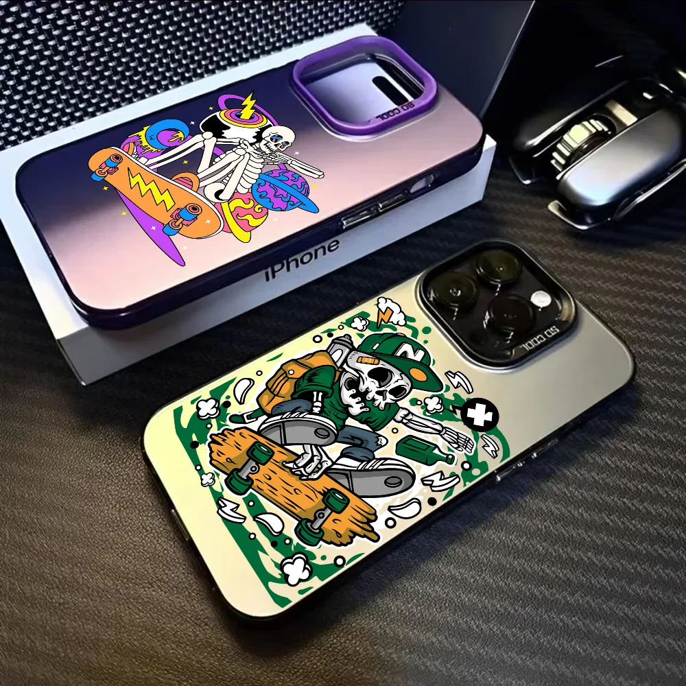 

Skull skater cartoon Phone Case For iPhone 16 15 14 13 12 11 Pro Max Black Purple Matte Laser Metallic Aurora Funda