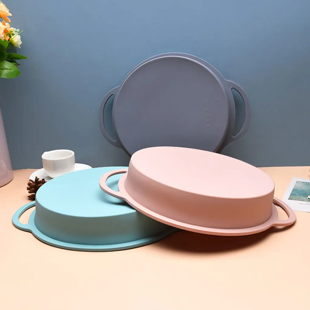 Loyang Cetakan Kue Silikon Anti Lengket dengan Pegangan Peralatan Memanggang Bulat Merah Muda