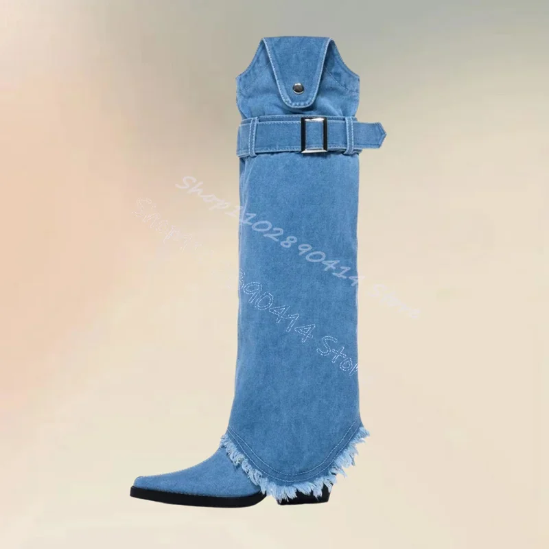 

Blue Denim Buckle Turned Over Pointed Toe Boots Slip On Women Shoes Chunky High Heel Party Feast Dating 2024 Zapatos Para Mujere