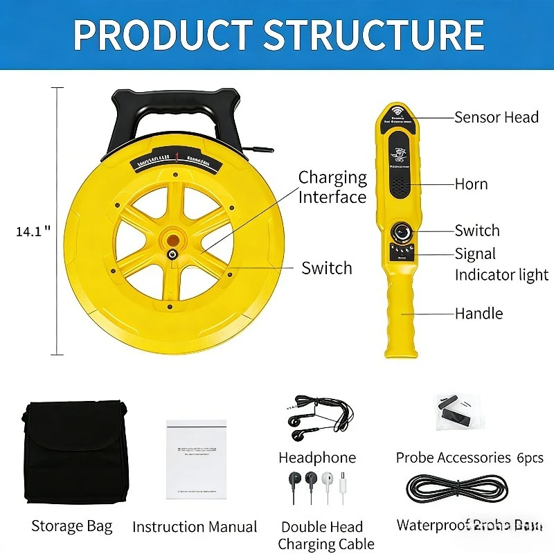 

ZHOUCE Iron Pipe Blockage Detector ZC-D820/ZC-D830 Diagnostic Tool Scanner Pipe Blockage Plumbing Instrument (NF-5130 30M)