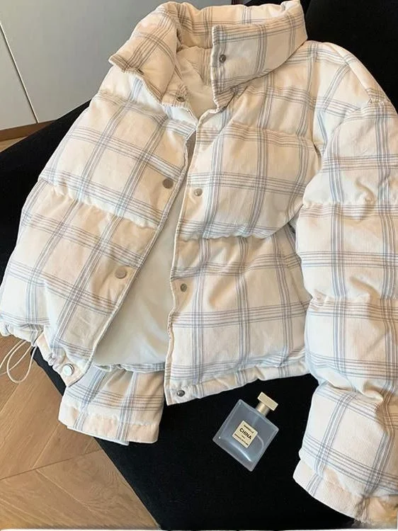 

Korean Style Corduroy Plaid Stand Collar Thickened Cotton Coat Women Winter New Fashion Warm Casual Lazy Style Jacket