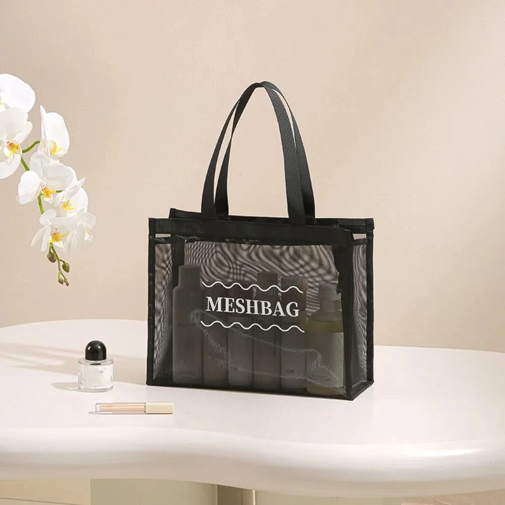 Portable Mesh Makeup Wash Bag Swim Beach Hollow Tote Bag Large Capacity Waterproof Toiletry Storage Bag Handbag