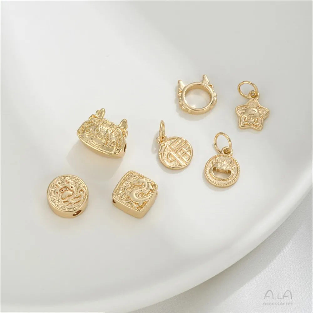 

Strong Protection Color 14K Gold Zodiac Dragon Year Bead Head Set Bead Ring Dragon Pendant Handmade Diy Bracelet Accessories
