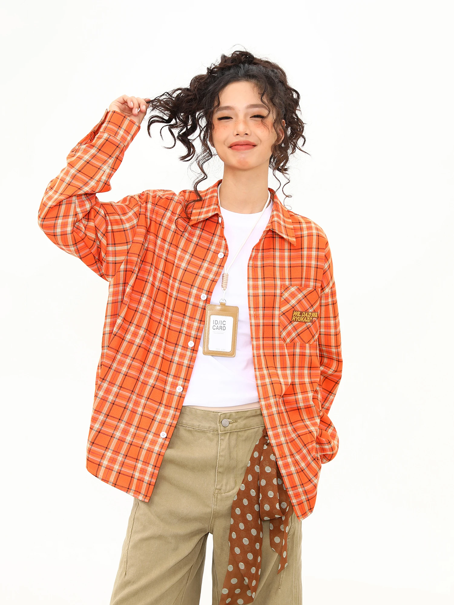 

Женская рубашка Wild Azizi с длинными рукавами, свободного кроя, с принтом в оранжевую клетку, повседневная, с защитой от ультрафиолета, тонкая, стандартного размера