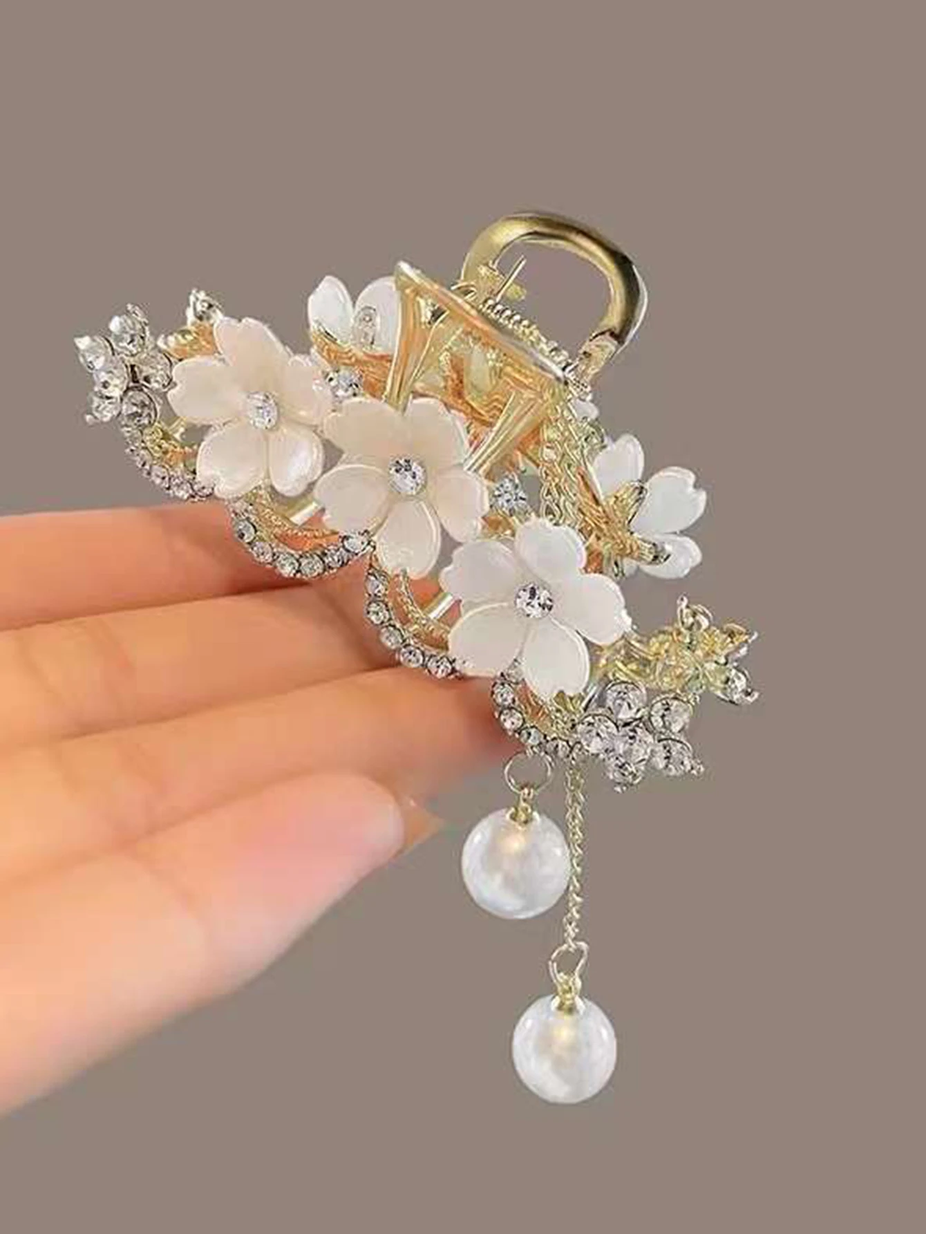 1pcs Fashion Elegant Exqusite Crystal Flower Pearl Tassel Hair Claws For Women Girls Party Ponytail Hair Accessories