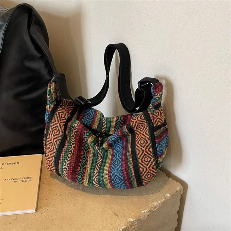 Umhängetasche im Tribal-Stil, faltbare Umhängetasche mit Reißverschluss, gestreiftem Muster, handwaschbares, lackiertes Futter mit Flaggenmotiv – Detail 29