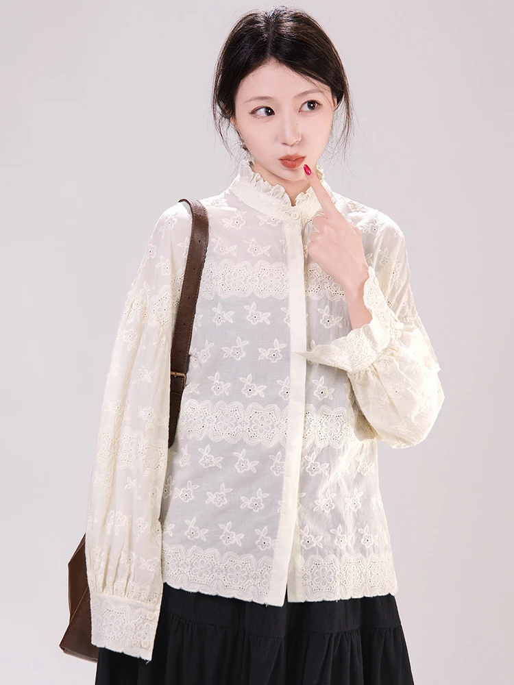

Elegant Long Sleeve Embroidered Floral Shirt Women's Cotton Stand Collar Shirt Sweet Style Spring Fashion Ageless Top