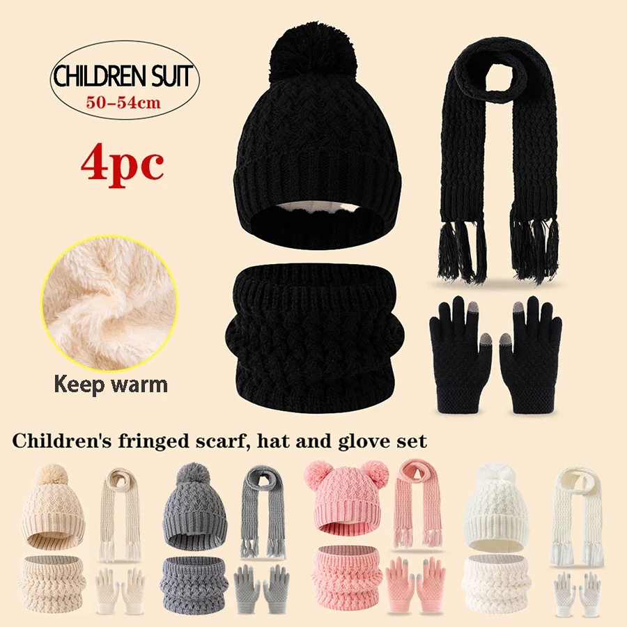 

4pc knitted hats, scarves and gloves for children, suitable for children aged 3-12 to keep warm outdoors in winter.