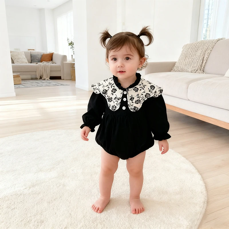 

2026 New 0-24M Spring Infant Retro Bodysuit Newborn Romper Embroidery Collar Romper Cotton Long Sleeved Baby Girl Jumpsuit