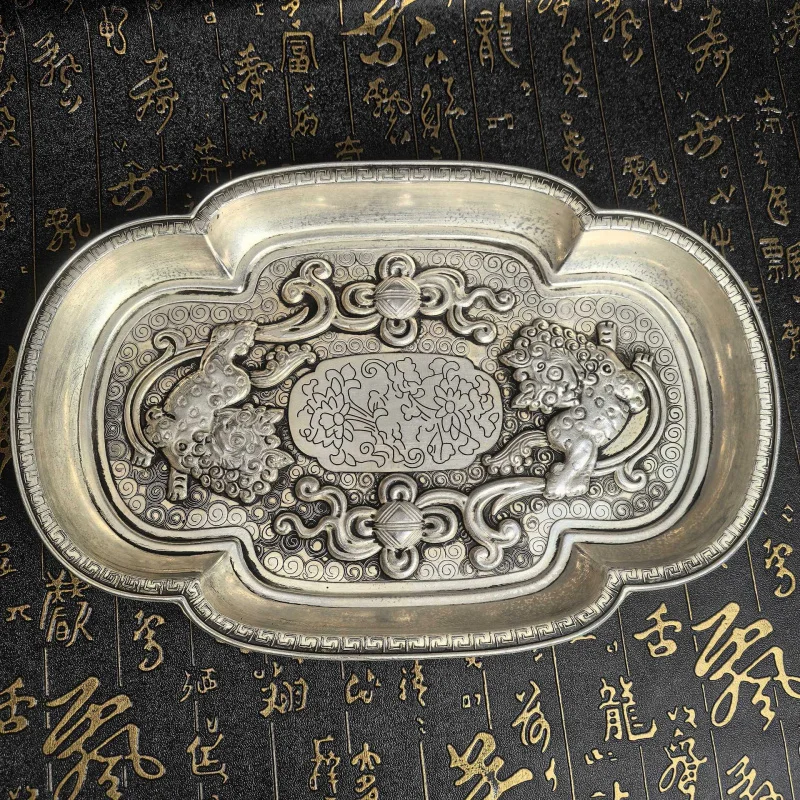 Crafts Antique Bronze Silver-Plated Double Lion Plate Vintage Plate Relief Dish Miscellaneous Crafts Ornament