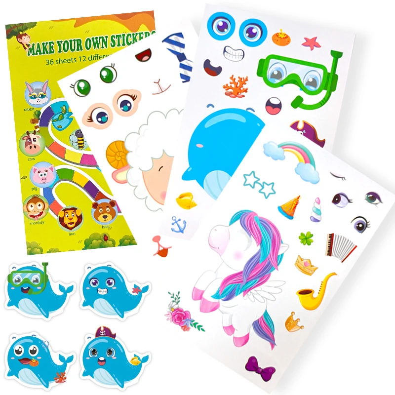 36Sheets 3 Styles Set Mixed Make a Face DIY Sticker Safari Animal Mermaid Decoration Kid Enlightenment Game Gift Cartoon Pet ZYF