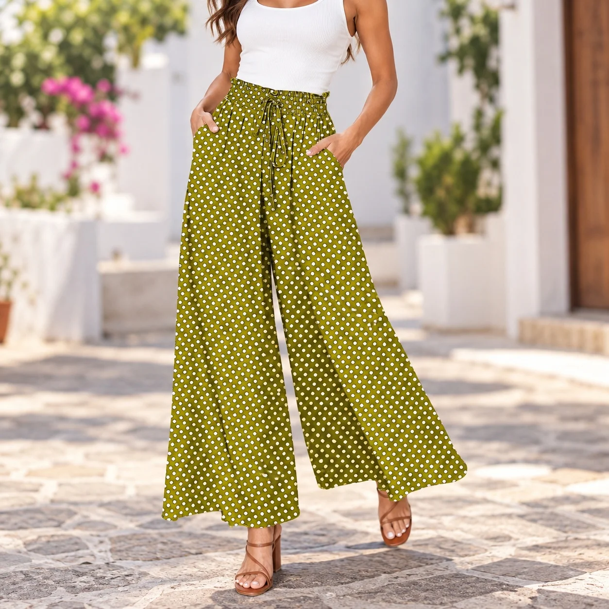 Printed Pants Wide Leg Casual with Elegant Pockets Japanese Korean Casual Regular Fit No Stretch Digital Print Women Pants