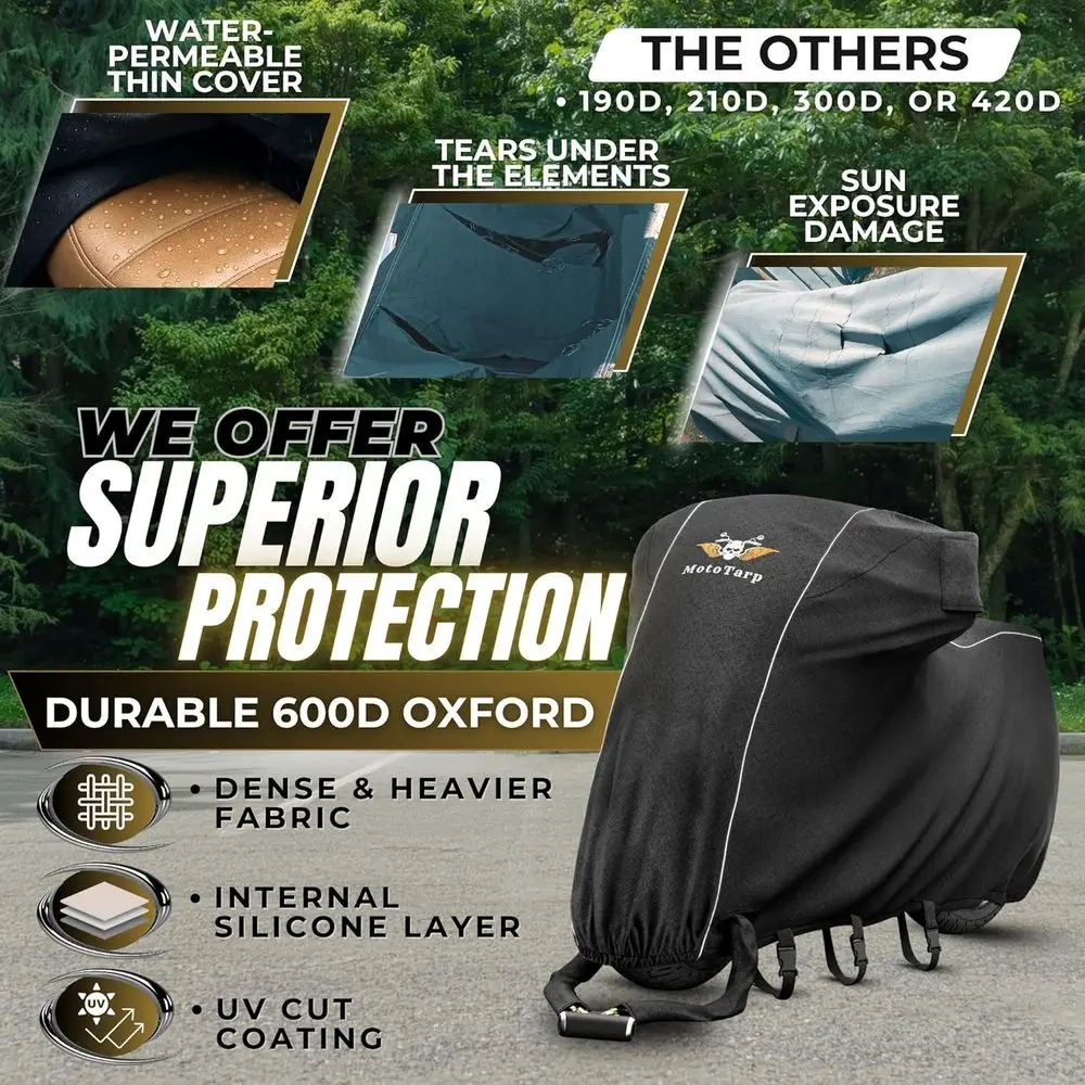 غطاء دراجة نارية عالي التحمل 600D مقاوم للماء بنسبة 100%؛ نافذة لوحة الترخيص، واقي حرارة العادم، عاكسات ليلية، فتحات قفل العجلة (