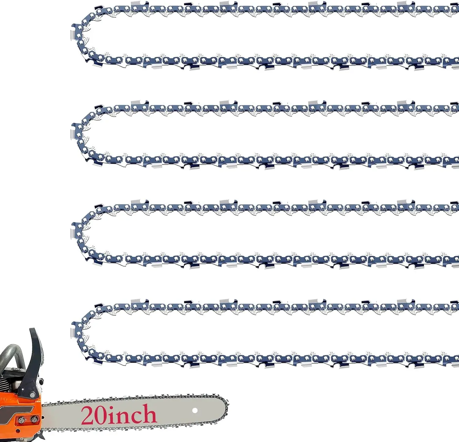 

Набор из 4 цепей для бензопилы, 20 дюймов, шаг 3/8 дюйма, толщина .050 дюйма, 72 приводных звена, для различных пил