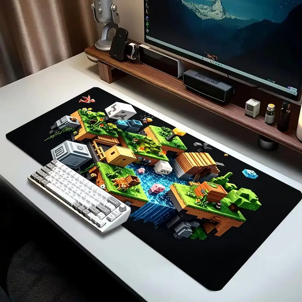 Voxel Pixel Game World Scenery Print Gaming Mouse Pad Large Desk Mat Anti-Slip Rubber Base Stitched Edge Keyboard Mat For Office
