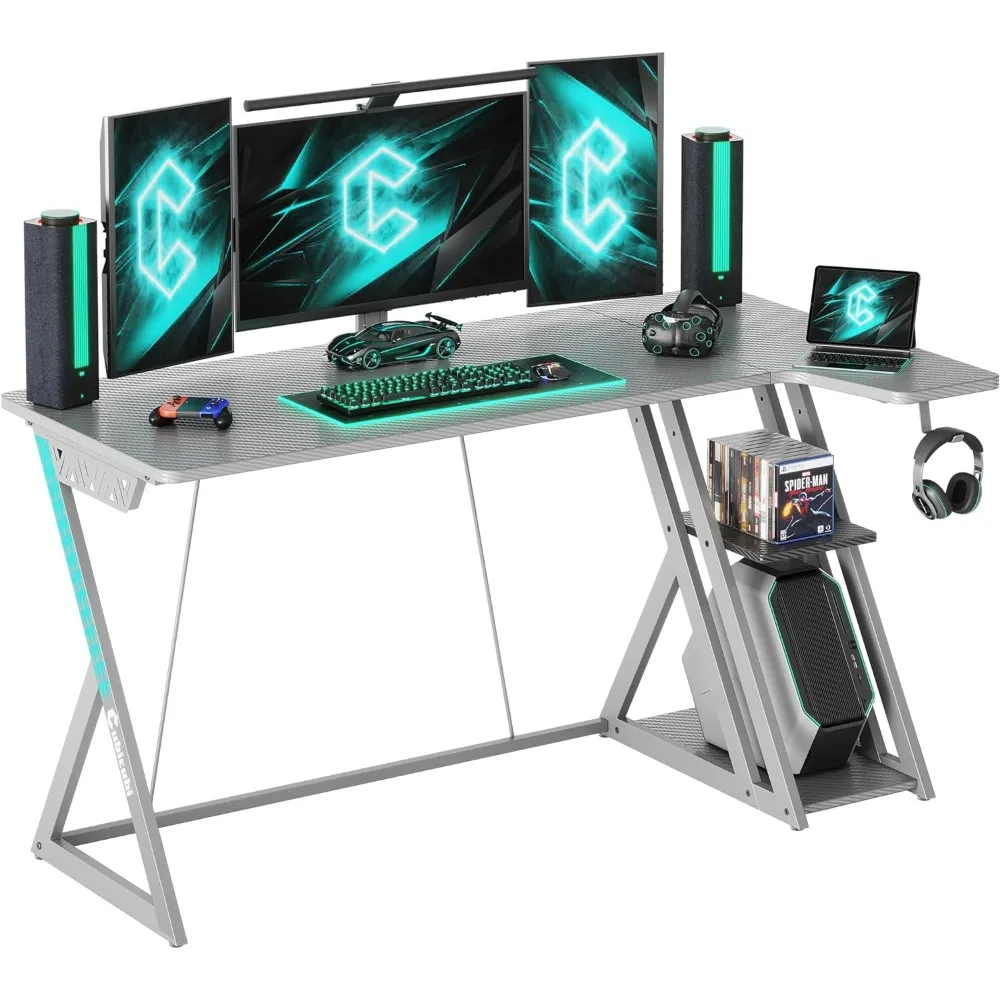 

L Shaped Carbon Fiber Surface Desk With Storage Shelves Gaming Desk With LED Lights & Power Outlets Free Shipping Computer Table