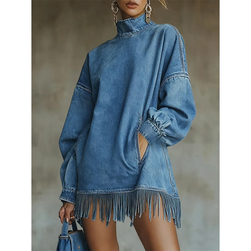 Denim Vintage Dresses Women Half High Collar Solid Color Tassel Hem Dress Fashion Long Sleeve Pocket Loose Sweatshirt Dress