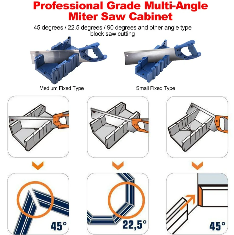 صندوق ميتري صندوق المنشار الخلفي 45 درجة/22.5 درجة/90 درجة صندوق منشار ميتري متعدد الوظائف حامل منشار ميتري تخزين المنشار