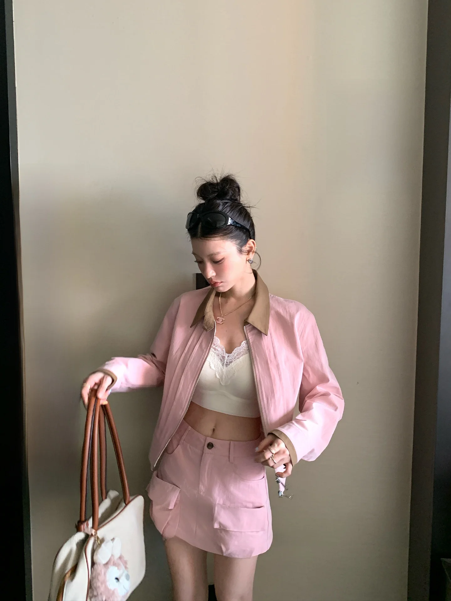 

LIONE Pink Salt Series Jaet ortened Age f-length Skirt Set Casual Sle Zipper Closure Spring Faion Women's Ensemble