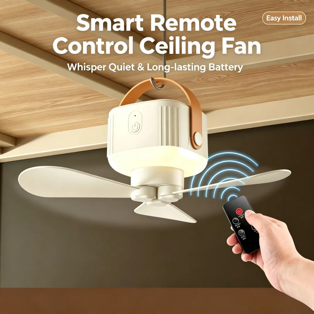 Wiederaufladbarer Deckenventilator, tragbarer kabelloser Mini-USB-Ventilator mit Fernbedienung, LED-Licht für Campingzelt, Outdoor, Schlafsaal, Bett