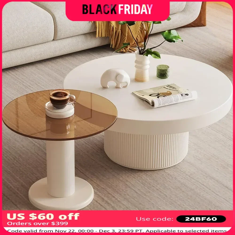 Coffee Table, Round Tables with Small End Tables, Set of 2 Side Table