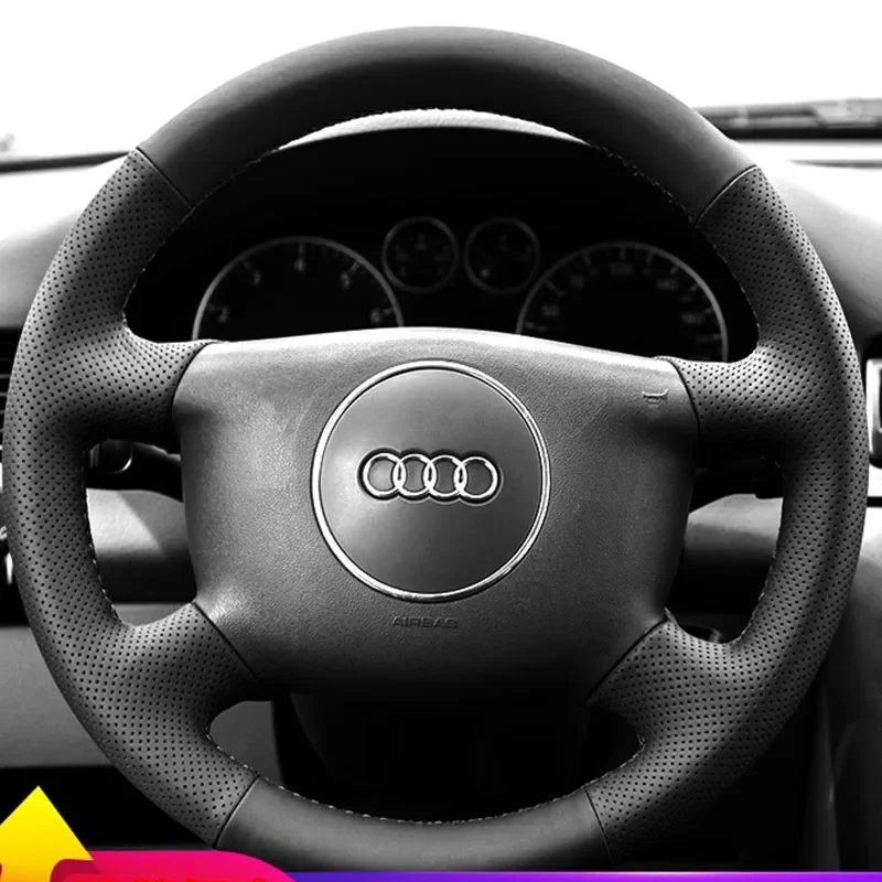 100% for Audi A6 2000-2004 A3 2000-2003 A4 B6 2002 Hand-stitched non-slip black Genuine Leather car steering wheel cover