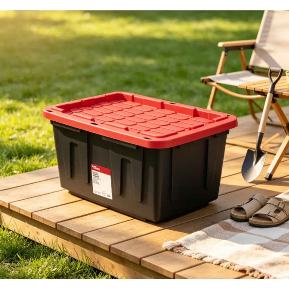 Caja de almacenamiento Hyper Tough de gran capacidad de 27 galones con tapa a presión, combinación de colores negro y rojo, contenedor de almacenamiento de plástico resistente.