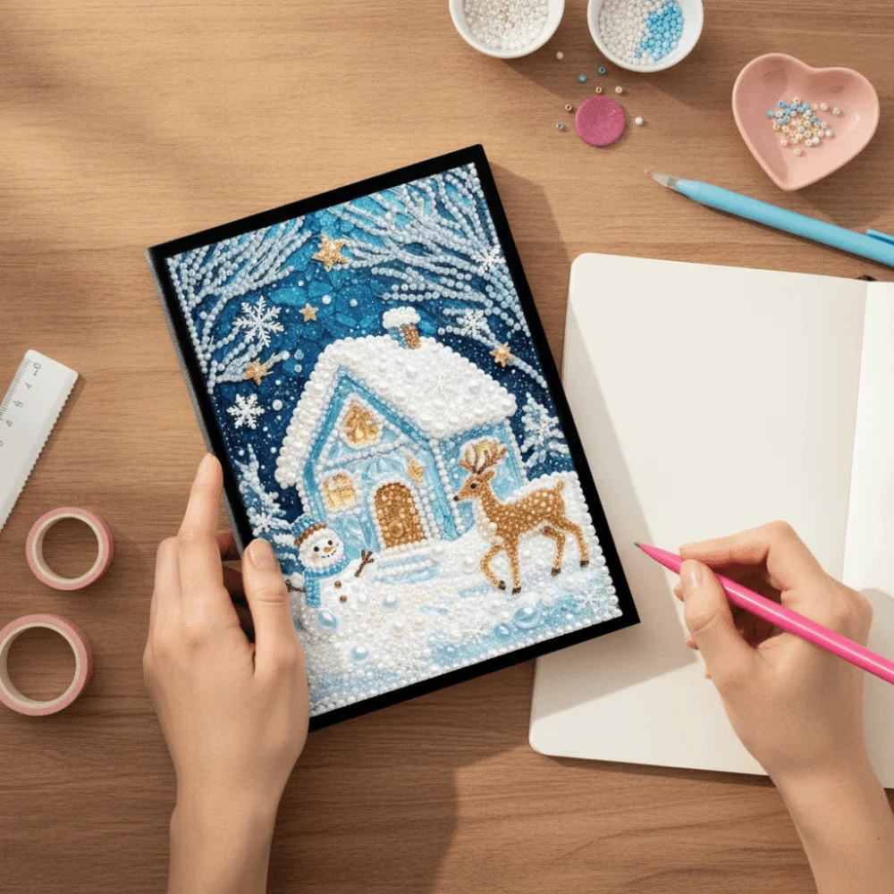 Colorful Finish DIY Pearl and Diamond Notebook Art Handmade 3D Visual Effect Xmas Diamond Painting Diary Kit Santa Claus Snowman