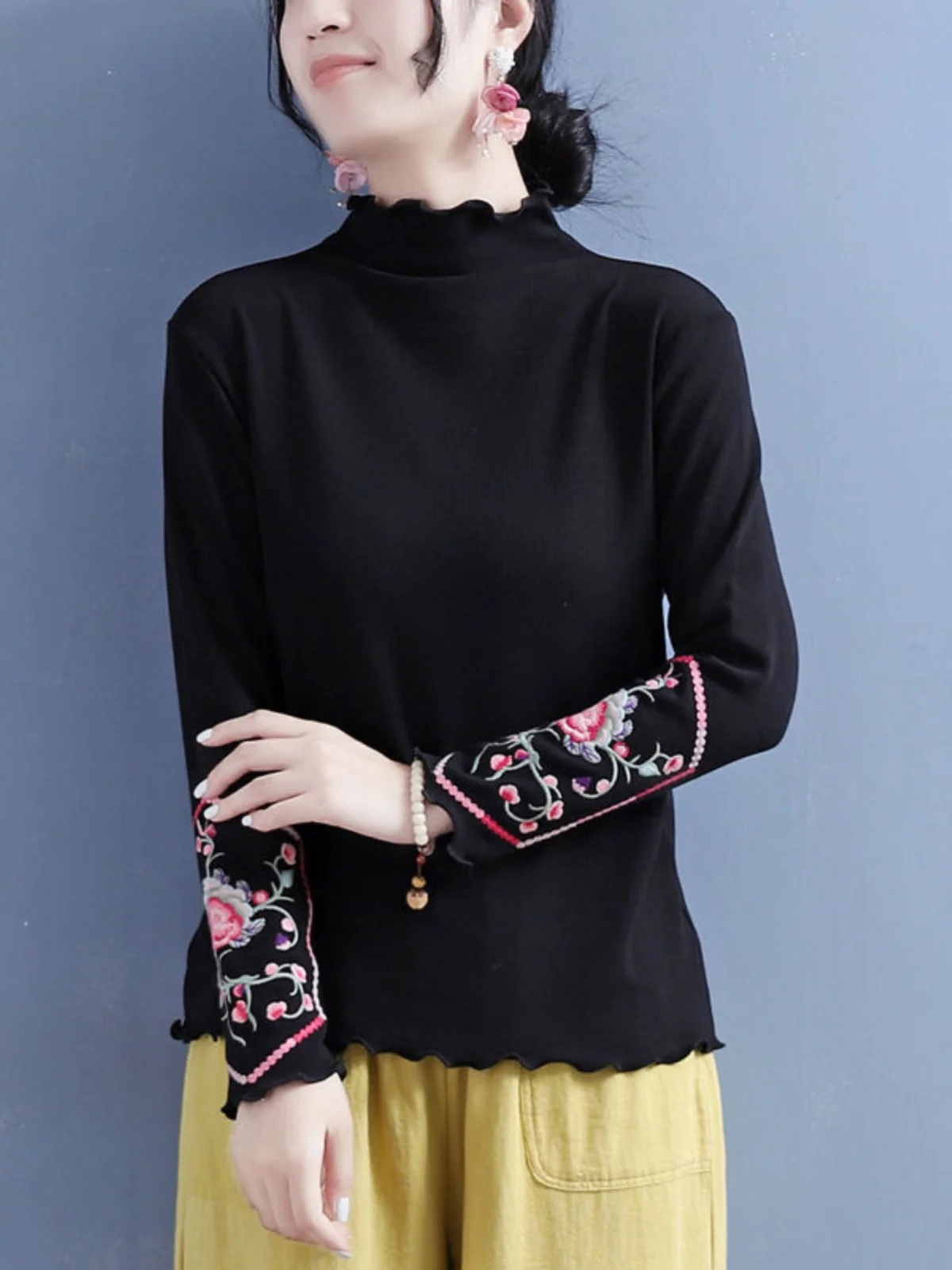 両面ベルベット刺繍トップス-レディース秋冬新作-ハーフハイカラー-t耳カバー付き-おしゃれなベースシャツ