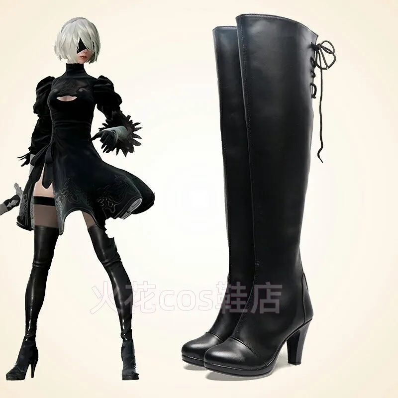Anime ‌NieR: Automata YoRHa No.2 Type B Cosplay Shoes Black High Heels Long PU Leather Boots For Halloween Carnival