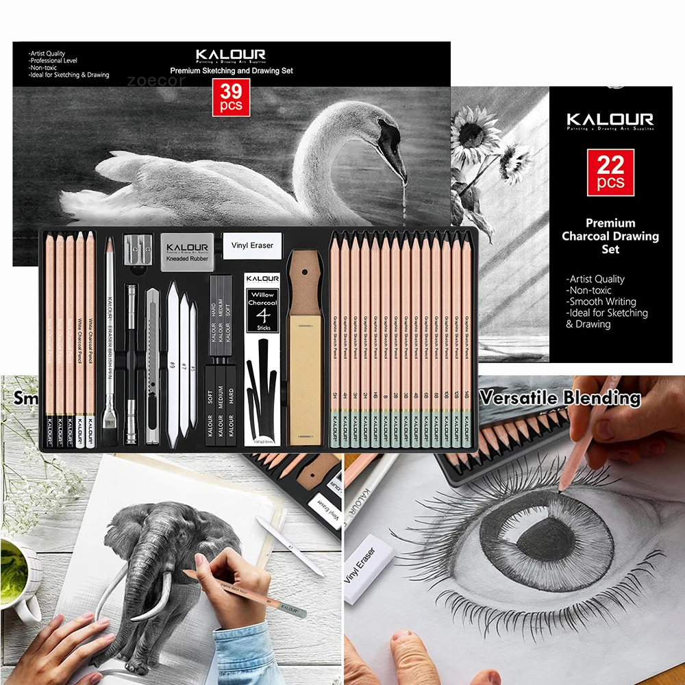 

Kalour Professional Drawing Pencil Set 26/39pcs Sketching Graphite Charcoal Pencils Kit Premium Artist Beginner Art Supplies 스케치