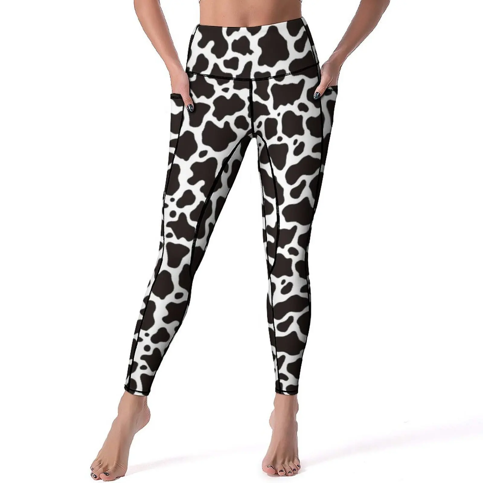 Cow Pattern Leggings Sexy Black Spots Print High Waist Yoga Pants Novelty Stretch Leggins Lady Design Running Sports Tights