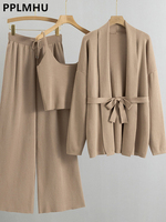 Korean Sweater 3 Piece Sets Women Thick Knit Cardigans+cropped Spaghetti Tops+baggy Wide Leg Sweatpants Outfits New Conjunto