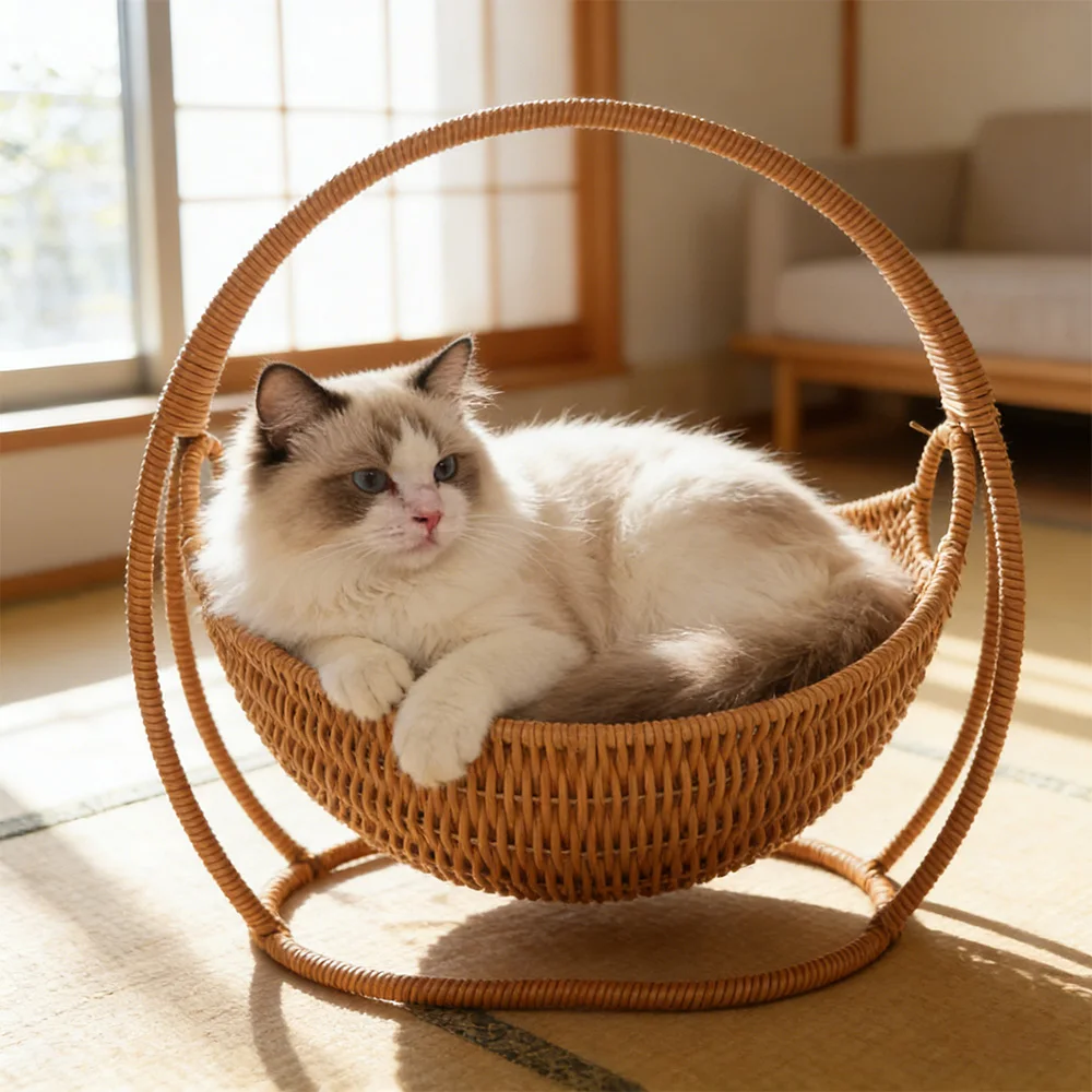 Rattan Swing Cat Bed Elevated Cat Cradle Hammock Cozy Cat Nest with Rocking Stand Indoor Pet Sleeping Basket for Cats view 4