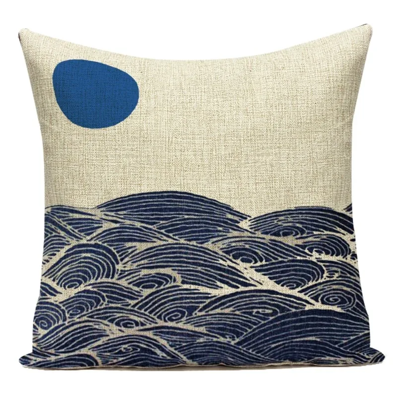 Japanese Style Scenic Mount and Wave Printed Throw Pillow Cushion Cover Square Decoration For Sofa Home Capa De Almofadas 45X45