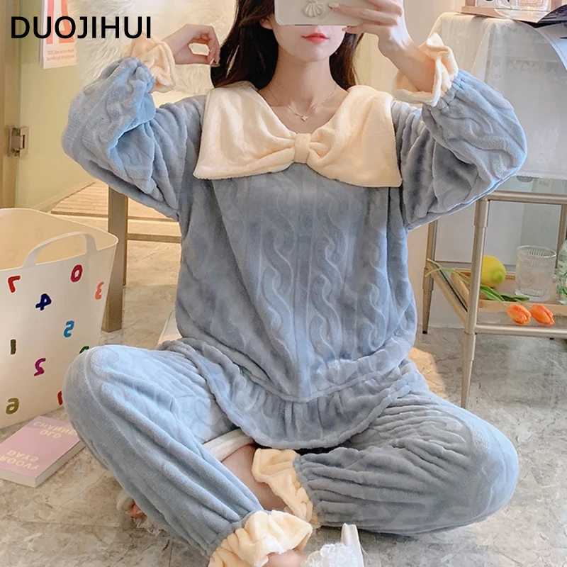 DUOJIHUI-Pijama informal de franela para mujer, conjunto de pijama holgado de Color puro, grueso y cálido, con lazo de chica, Color blanco, nueva moda