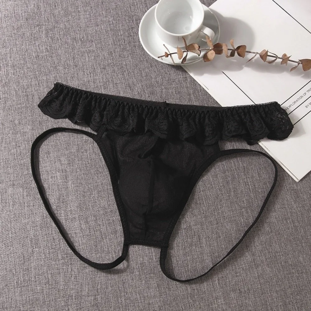 Low Waist Men Lace Hollow Thongs Underpants Ruffle Belt Men's Sheer Lace Panties T-back Lingerie Male Open Crotch Briefs Male