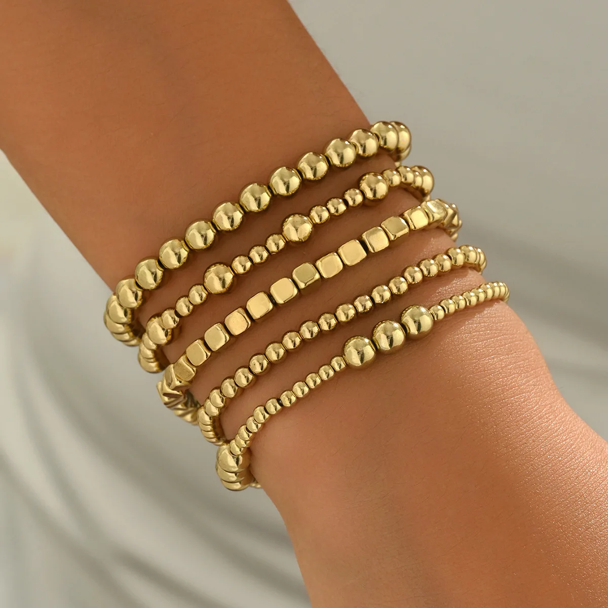 European and American Cross-Border Fashionable High-End Beaded Bracelet Set with Elastic Beads for Women - 5-Piece Stylish Charm Collection