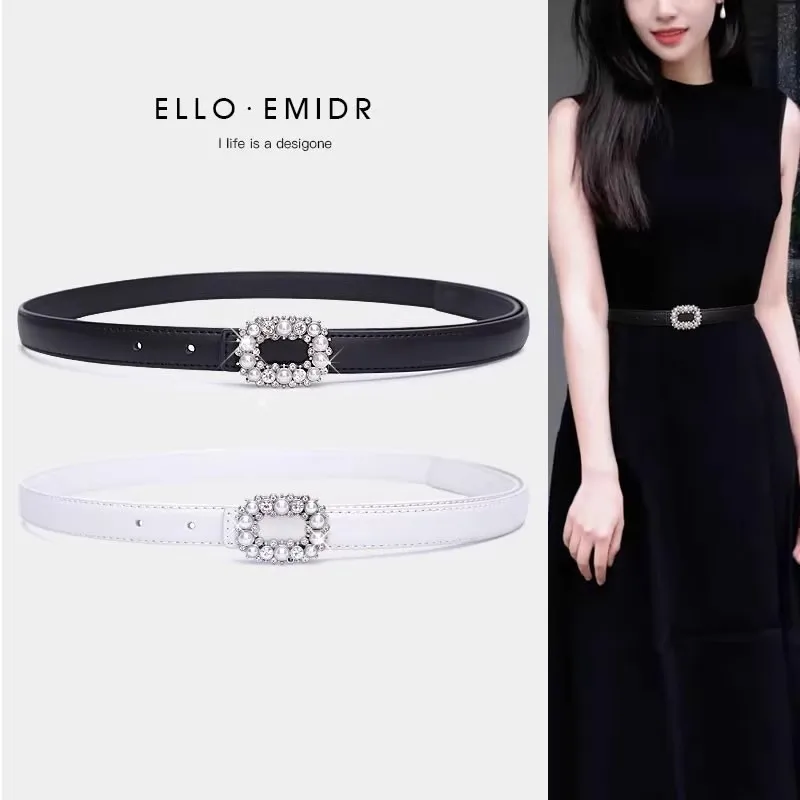 エレガントなパールとラインストーンで飾られたドレスベルト-レディースファッション-2025年新作-ホワイトブラック-レザーベルト-スカート用