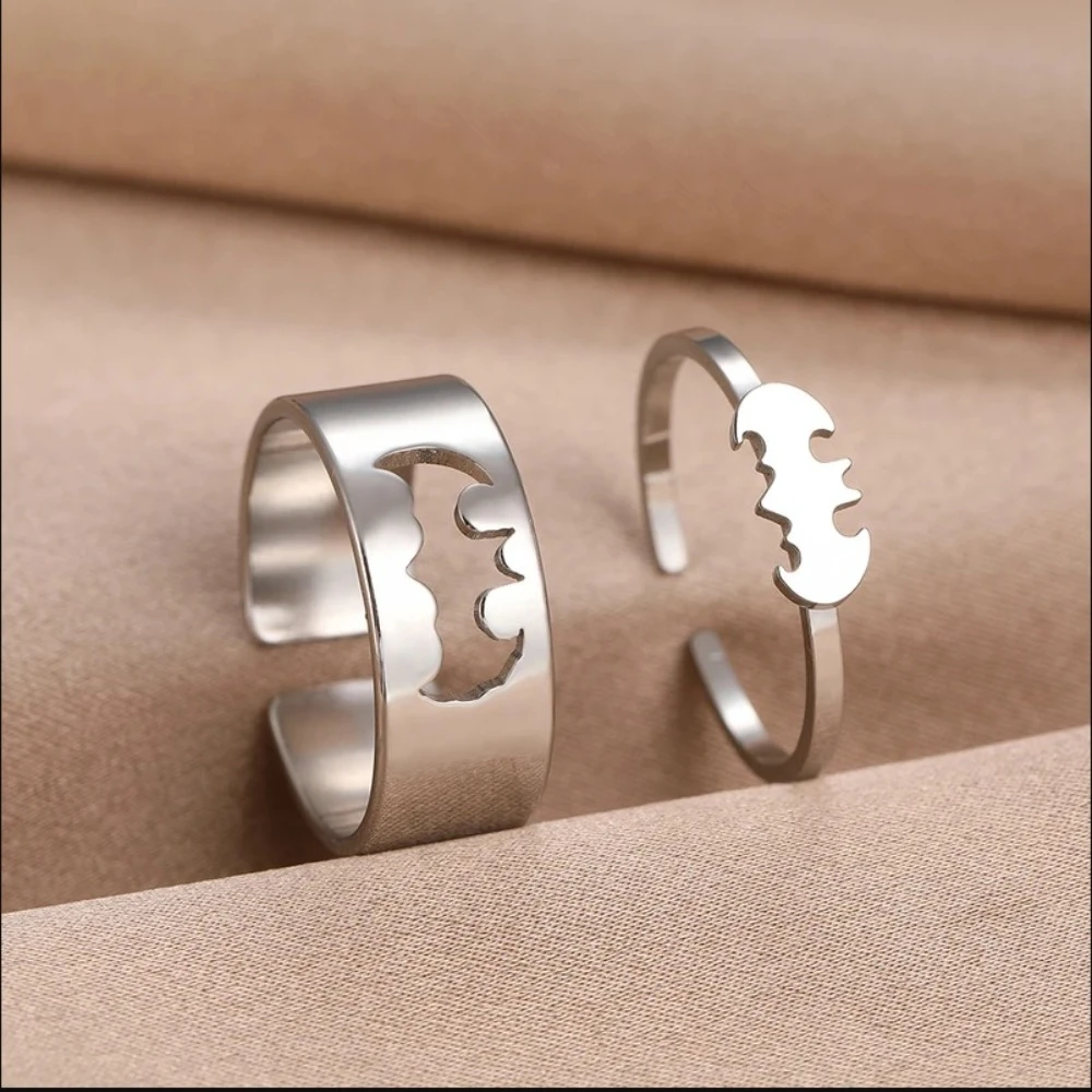 New Arrival Trendy Stainless Steel Bat Couple Rings for Women Men Punk Opening Hip Hop Rock Finger Jewelry Set Gift Colorfast