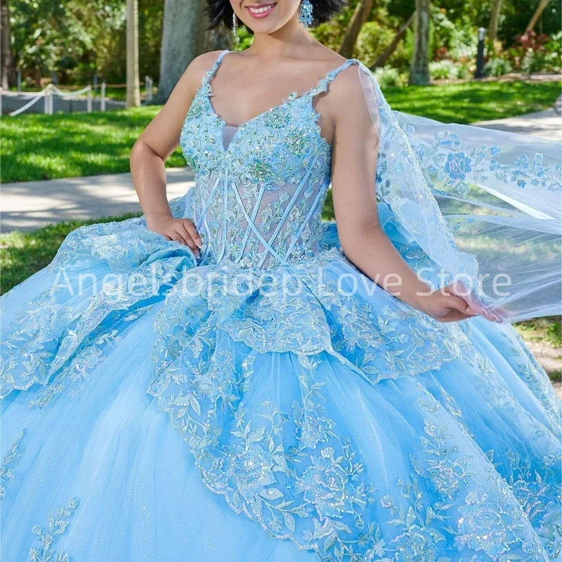 Angelsbridep Maßgeschneidertes himmelblaues Quinnceanera-Kleid, Ballkleid, Glitzer-Applikationen, Perlenkorsett, Sweet 16, Vestidos de 15 Jahre