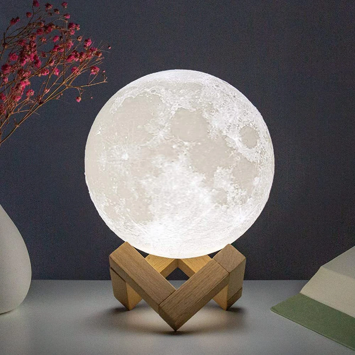 F5 8cm Moon Lamp LED Night Light Battery Powered With Stand Starry Lamp Bedroom Decor Night Lights Kids Gift Moon Lamp Xmas Gift