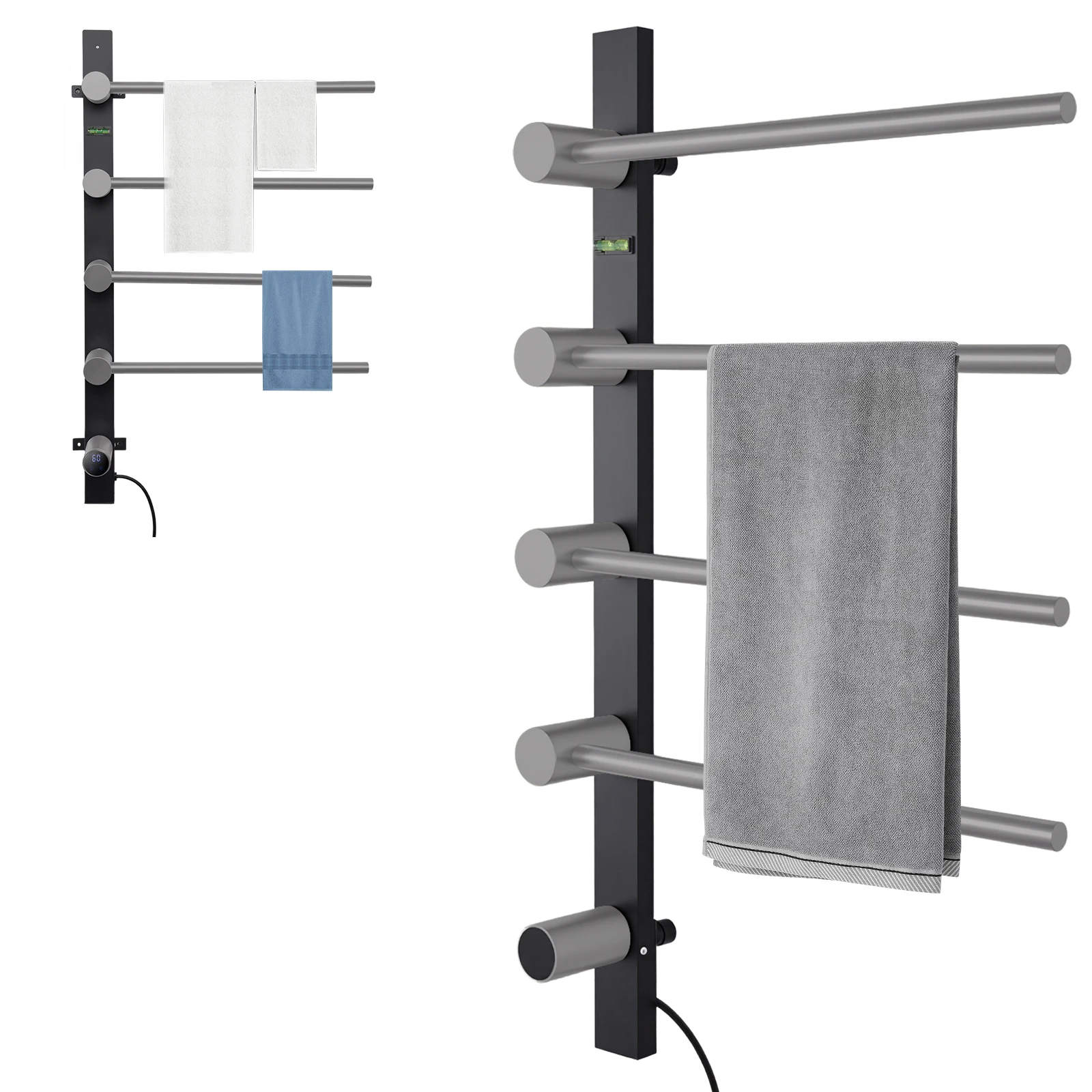 

Stainless Steel Heated Towel Bar, 4 Bar Towel Warming Rack, Adjustable Temperature, LED Display Towel Heater for Apartment